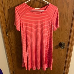 Medium coral with  thin white stripe short sleeve swing dress